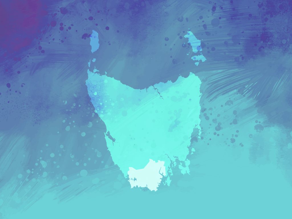 Abstract depiction of Tasmania in blue tones, with watercolor brushstrokes and textured splashes, creating a dreamy and artistic representation of the island.