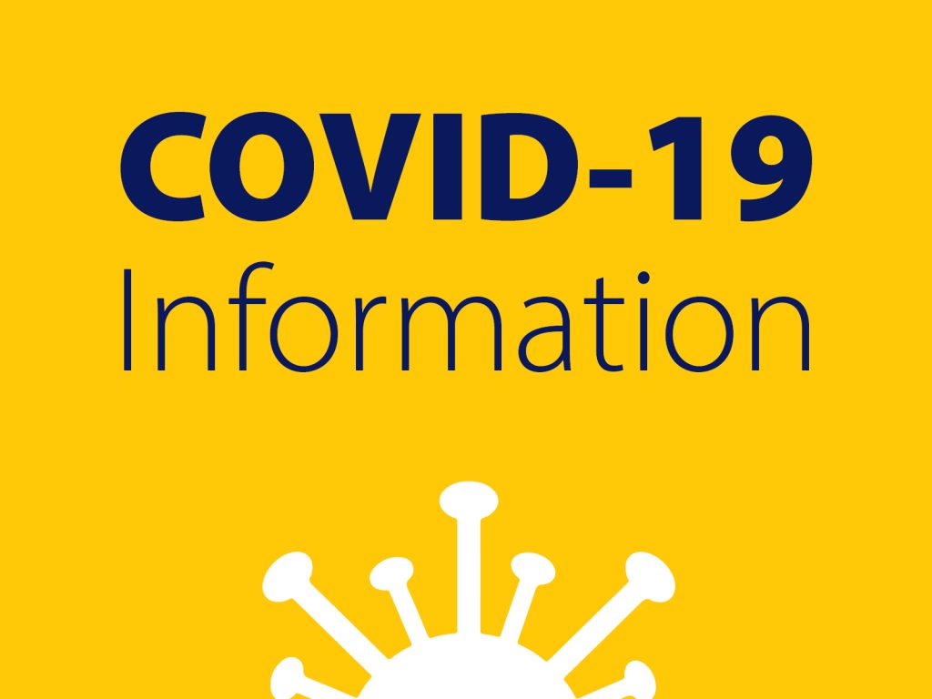 Yellow background with bold blue text reading COVID-19 Information. Below the text is a white graphic symbol resembling a virus.