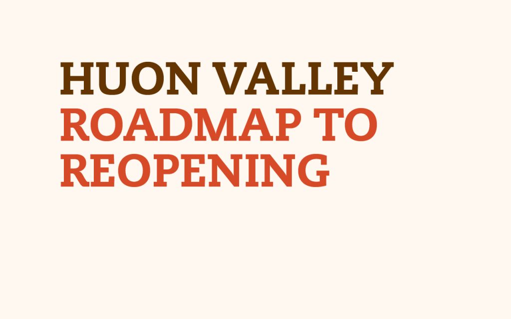 Text on a beige background reads: HUON VALLEY ROADMAP TO REOPENING in bold letters, with HUON VALLEY in dark brown and ROADMAP TO REOPENING in red.