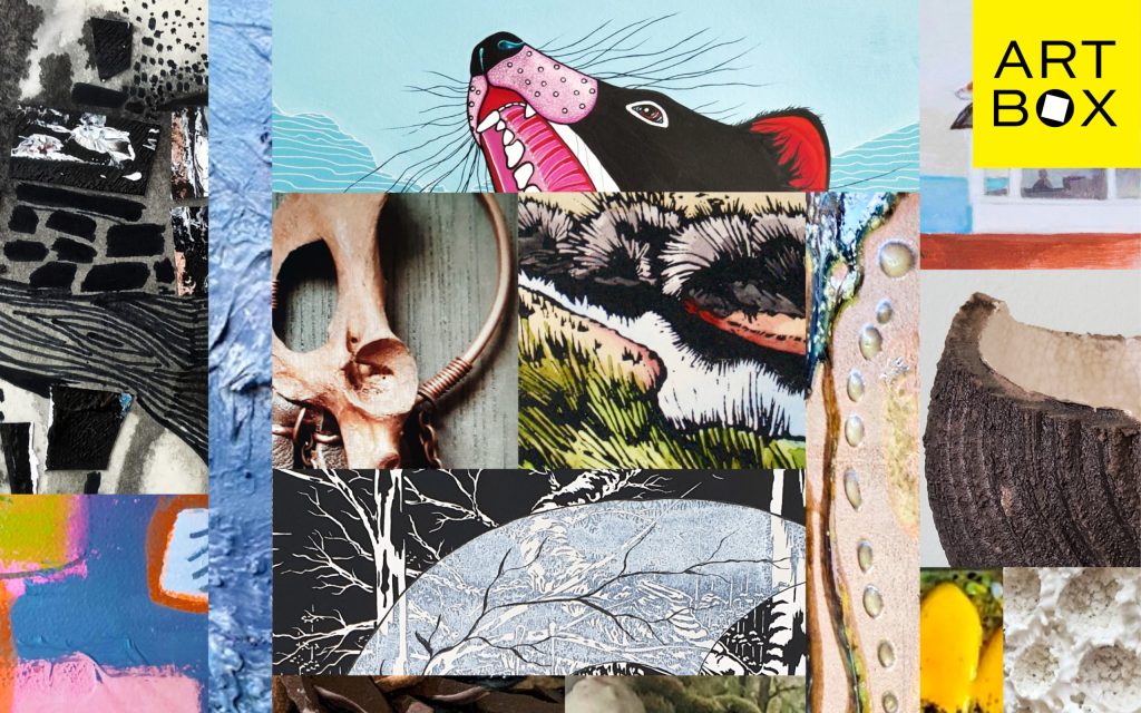 A collage of various artworks includes an animals open mouth, a skull, abstract patterns, and textures with different colors and materials. In the top right corner, there’s a yellow section with ART BOX written in black.