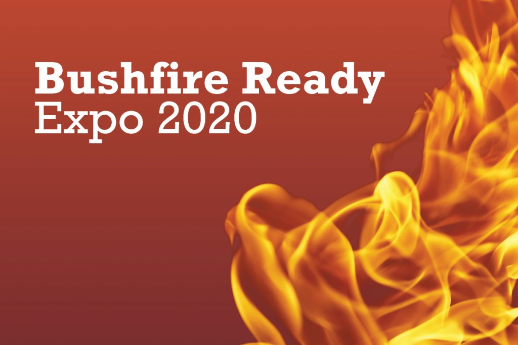 Bold white text reads Bushfire Ready Expo 2020 on a gradient background transitioning from dark red to orange. Yellow and orange flames rise from the bottom right, giving a dynamic, fiery look.