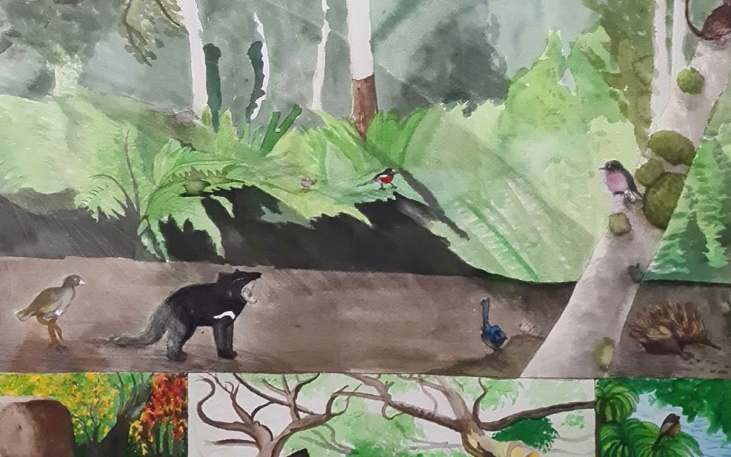 A watercolor painting of a forest scene. Animals depicted include a bird on a tree, a small mammal on the ground, and a colorful bird perched on a branch. The background is lush with greenery and trees.