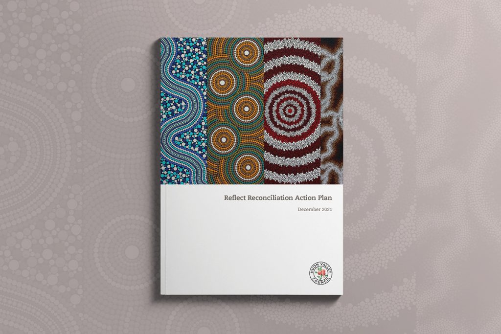 Cover of the Reflect Reconciliation Action Plan from December 2022. It features colorful Indigenous Australian dot art patterns in blue, green, red, and white. The background is a subtle gray with similar dot patterns.