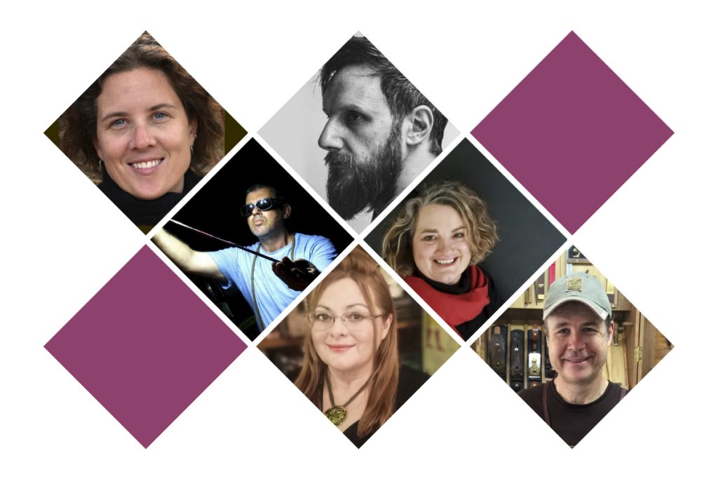 A collage of six diamond-shaped photos features five smiling individuals and one man playing a violin. Surrounding purple diamonds complete the geometric design.