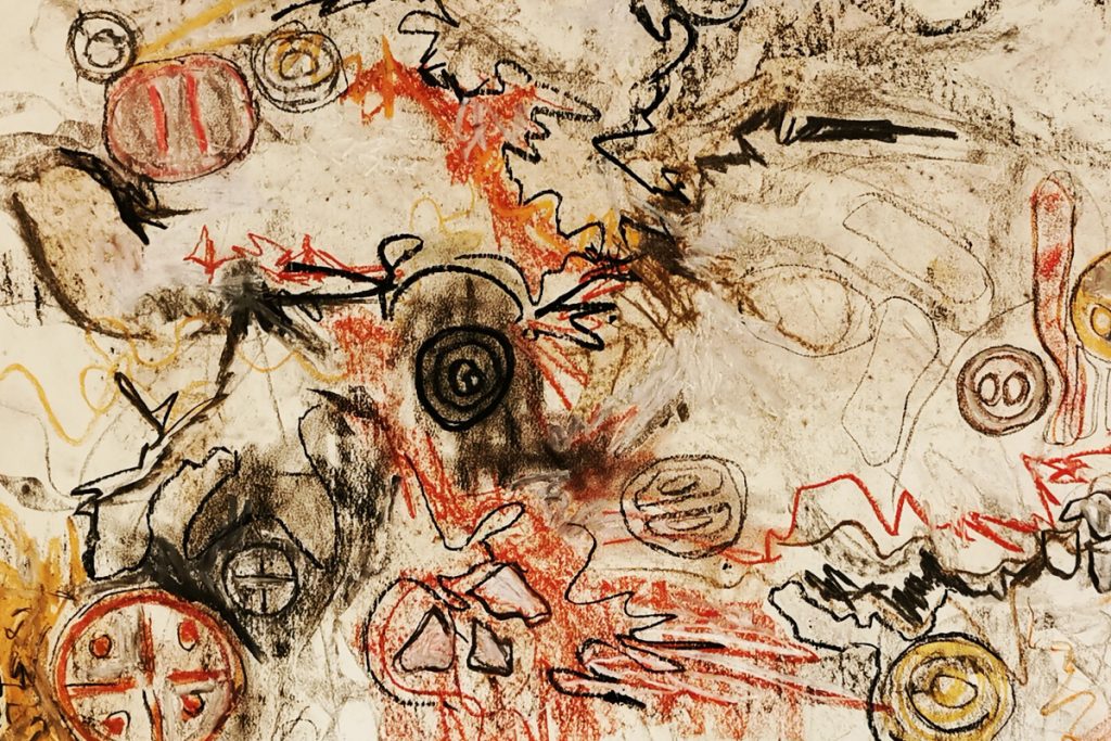 Abstract artwork with swirling textures in black, red, and yellow. Various circular and geometric shapes are scattered throughout, along with zigzag and curved lines, creating a chaotic and dynamic composition.