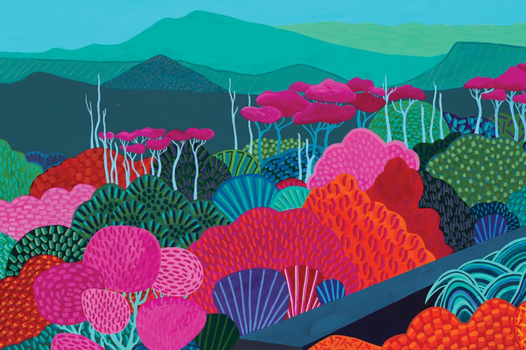 Colorful landscape painting with bright pink, red, and green abstract trees and bushes in the foreground. Rolling hills and blue mountains are in the background under a clear sky. The artwork features bold patterns and vibrant colors.