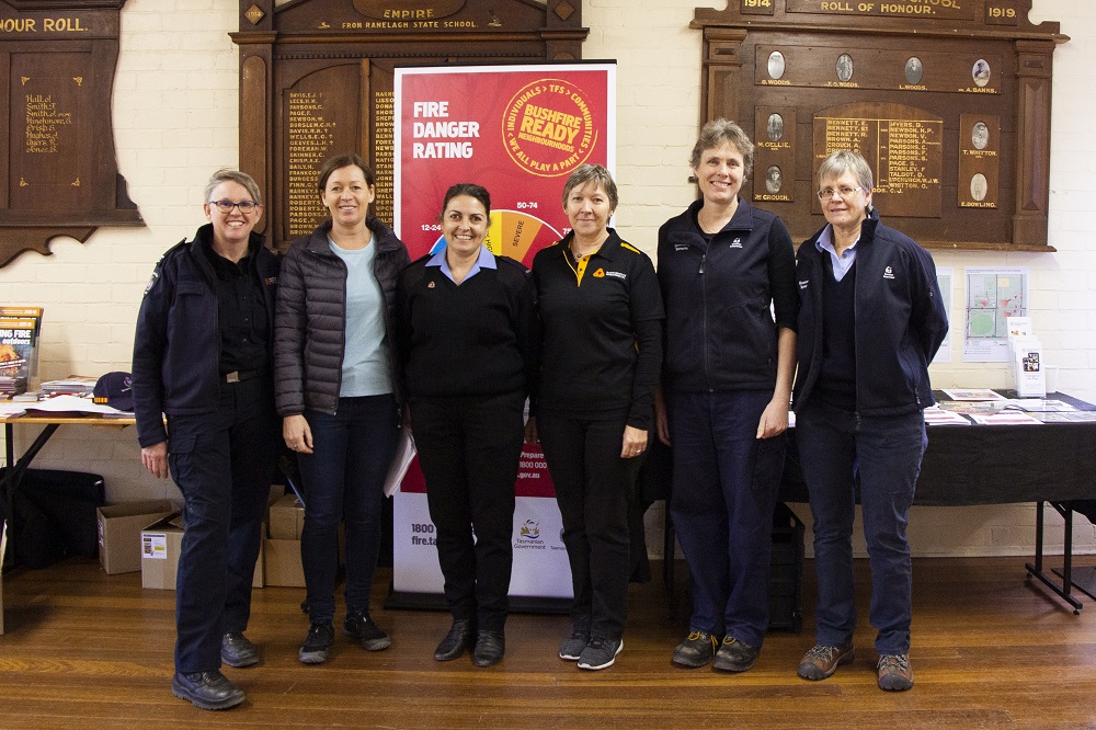 Six people standing indoors, smiling at the camera. They are in front of a banner with a fire danger rating graphic. Some wear uniforms, and the background has wooden plaques on the walls.