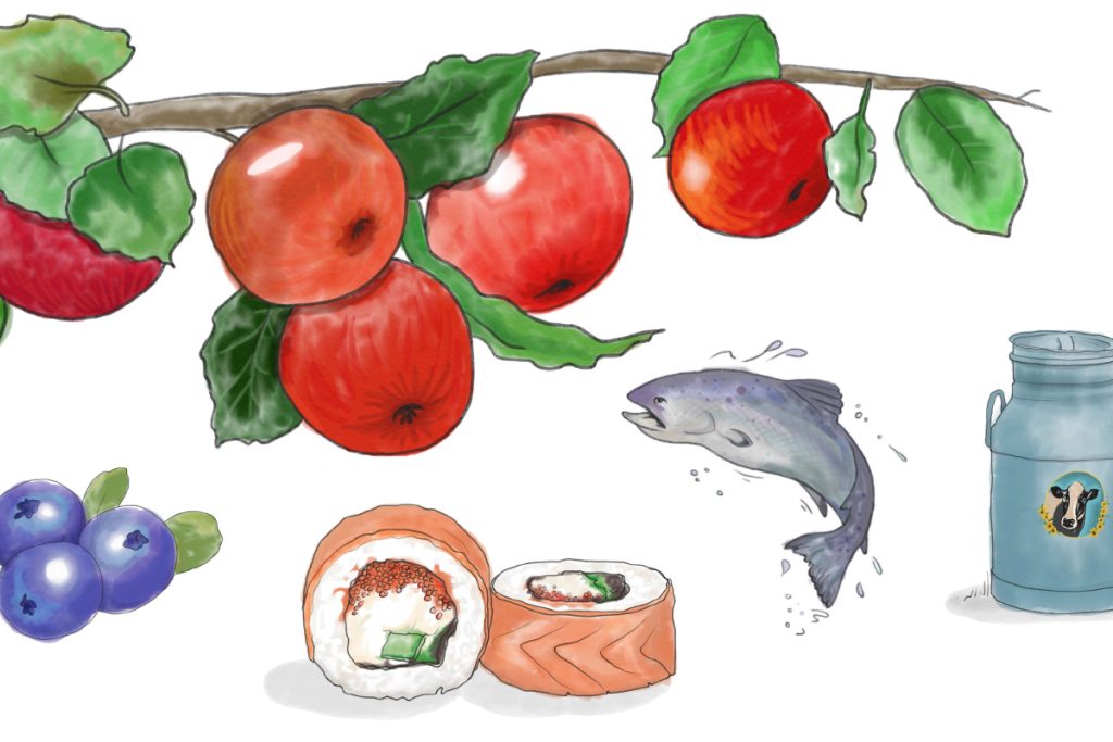 Illustration of apples on a branch, blueberries, sushi rolls, a jumping fish, and a milk can. The apples are vibrant red, while the sushi rolls contain fish and cucumber. The scene blends elements of nature and food.
