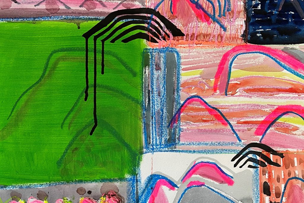 Abstract artwork featuring a vibrant mix of green, pink, and blue sections. Black arches are painted over sections with pink and blue brushstrokes, providing a contrasting element. The composition is dynamic and colorful.