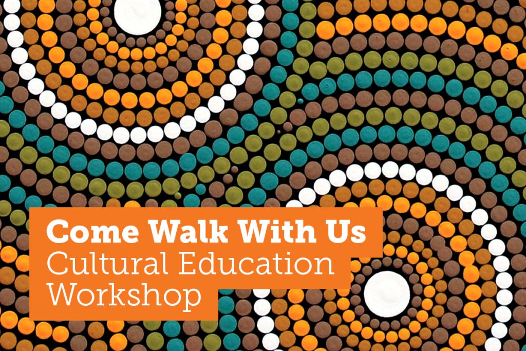 A poster with circular dot patterns in brown, orange, teal, and white. Text reads: Come Walk With Us Cultural Education Workshop.