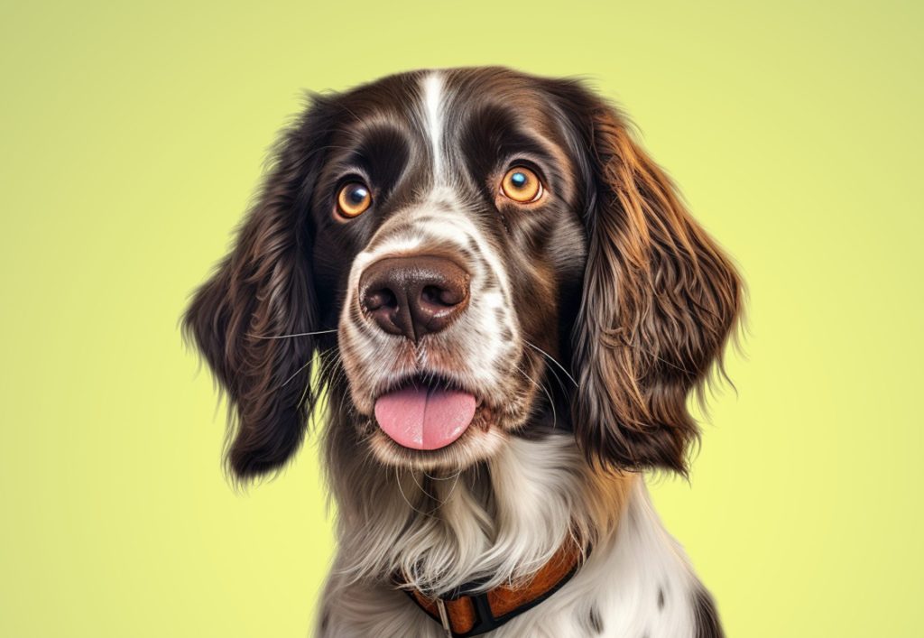 A brown and white spaniel with floppy ears and expressive eyes sits against a yellow background. The dogs tongue is out, and it wears a brown collar.