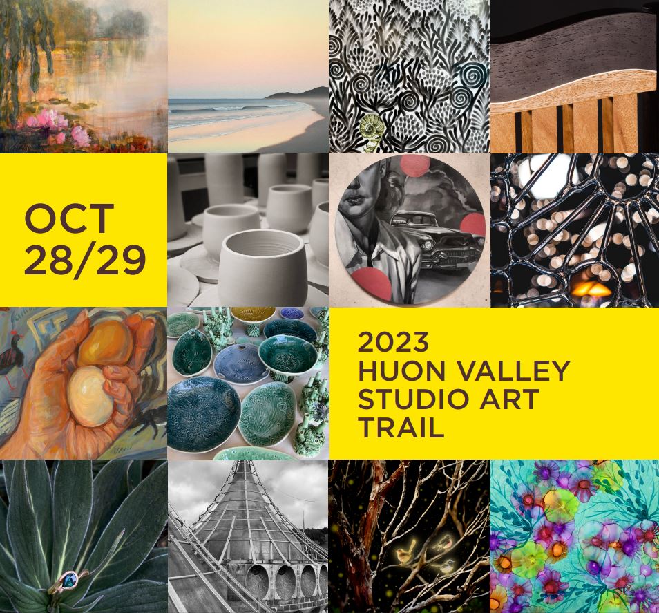 A collage promoting the 2023 Huon Valley Studio Art Trail on October 28/29. It features various artworks including landscapes, ceramics, abstract patterns, and vibrant colors, alongside text detailing the event dates.