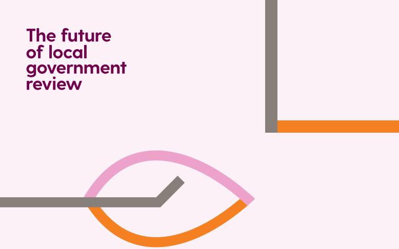 Abstract design with text The future of local government review in purple on a pale pink background. Geometric shapes include a gray bar, orange corner, and an arch with gray, pink, and orange lines.