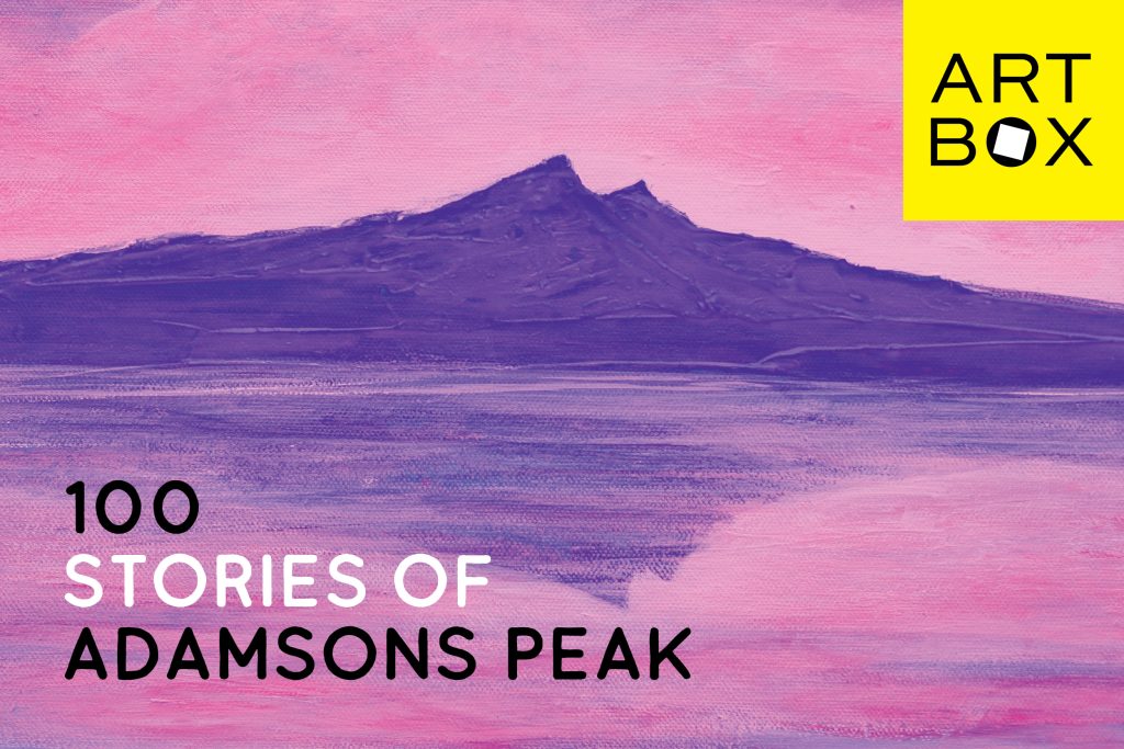 A painting of a mountain peak with purple and pink hues in the background. The text reads 100 Stories of Adamsons Peak and Art Box in a yellow square in the top right corner.