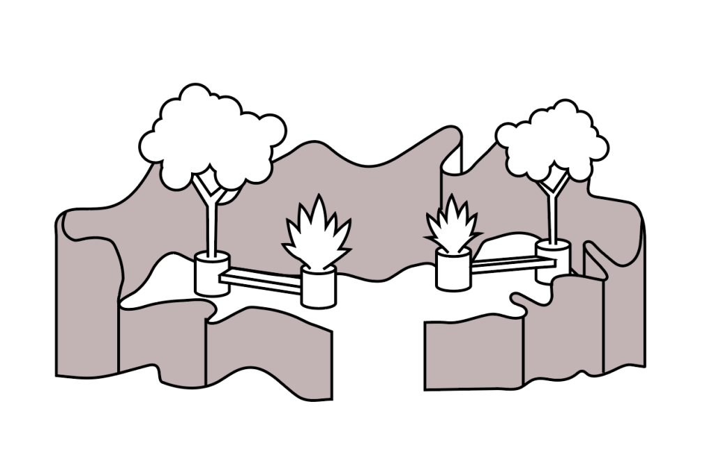 Minimalist illustration of two tree-like figures and two spiky plants in containers, connected by a fence. The background features abstract, wavy walls on either side. The style is simple with a limited color palette.