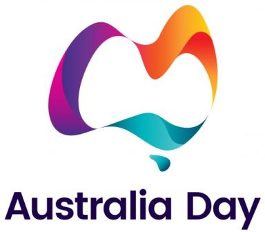 A colorful abstract shape resembling the map of Australia is above the words Australia Day in dark blue text. The shape includes shades of purple, red, orange, and teal.