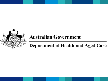 Australian Government logo with a kangaroo and emu around a coat of arms, above the text “Australian Government Department of Health and Aged Care.” The image is set against a white background with a blue bordered edge.