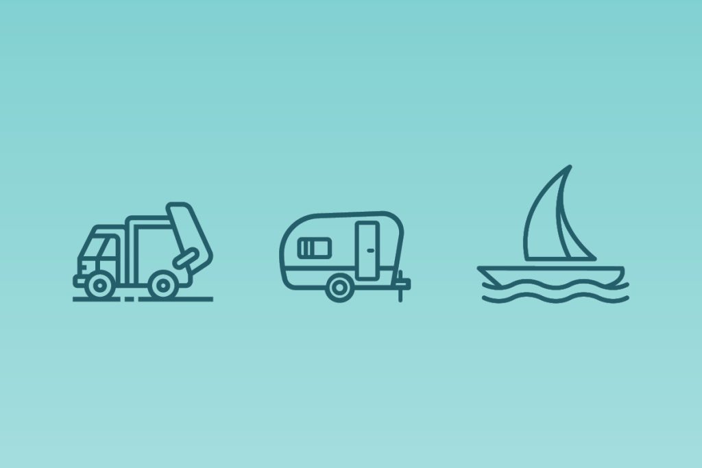 Minimalist icons of a garbage truck, camper trailer, and sailboat are displayed in a row on a light teal background. The icons are outlined and evenly spaced.