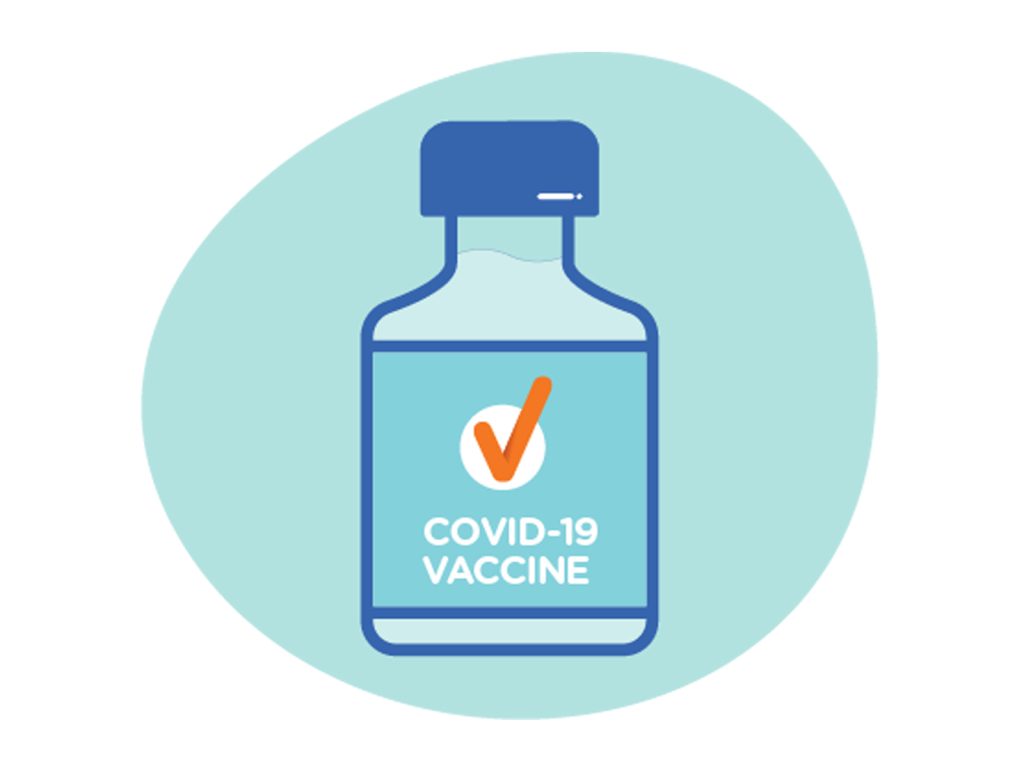 Illustration of a COVID-19 vaccine vial on a light blue background. The vial is blue with a dark blue cap and features an orange checkmark above the words COVID-19 Vaccine.