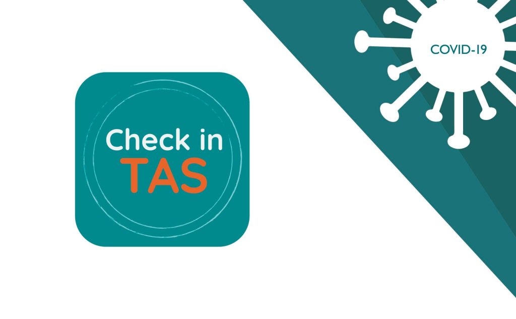 Graphic featuring a teal icon with white and orange text that reads Check in TAS on the left. The top right corner shows a stylized white virus shape with COVID-19 written inside. Diagonal background division in teal and white.