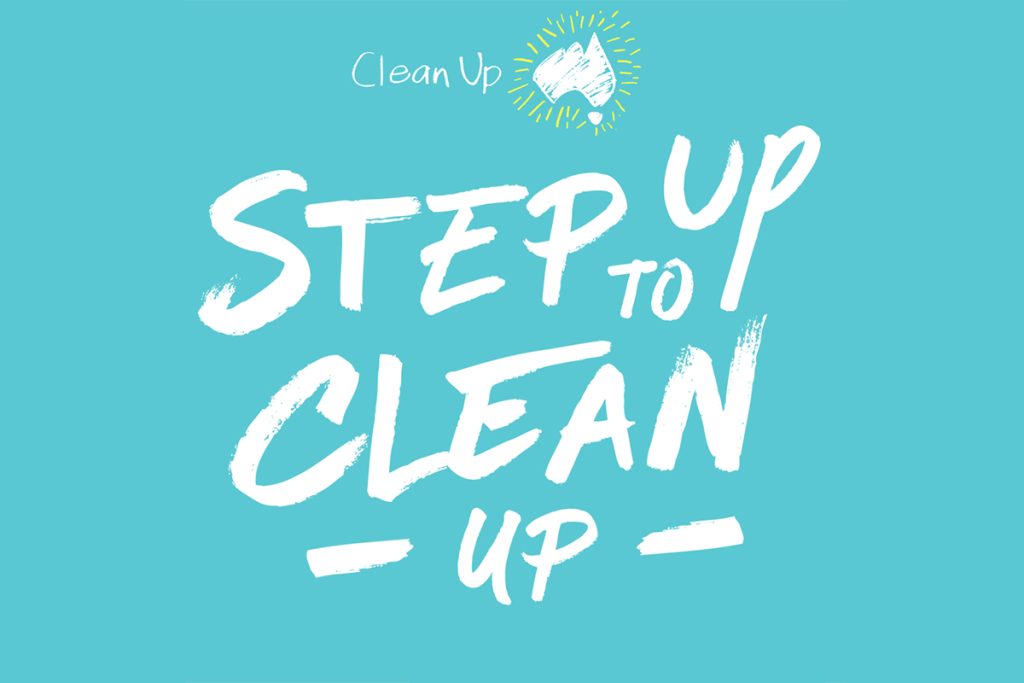 Text on a turquoise background reads Clean Up at the top with an illustrated glove and sunburst. Below, in bold white letters, it says Step Up to Clean Up.