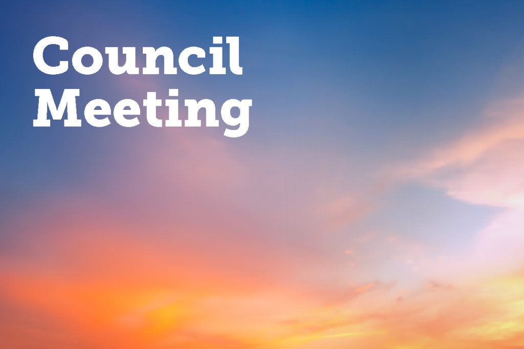 Text reading Council Meeting on a background of a colorful sunset sky with shades of orange, pink, and blue.