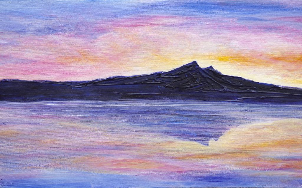 Painting of a mountain silhouette reflected in a calm body of water. The sky features soft pastel hues of pink, orange, and blue, suggesting a sunrise or sunset. The reflection mirrors the colorful sky and mountain shape.