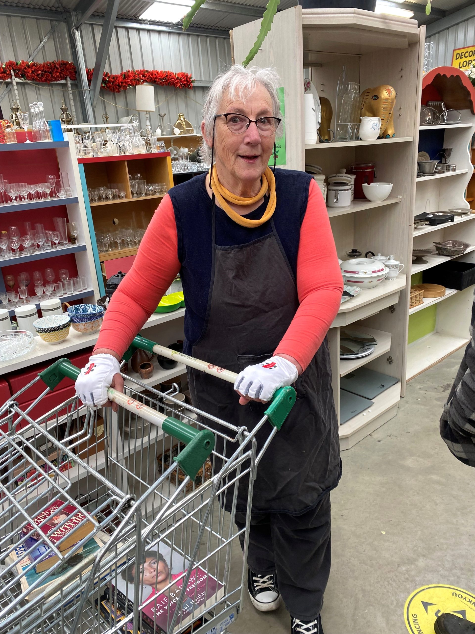 A person with gray hair and glasses stands in a store, wearing a red shirt, black apron, and gloves. They are holding a shopping cart. Shelves with various household items are in the background.