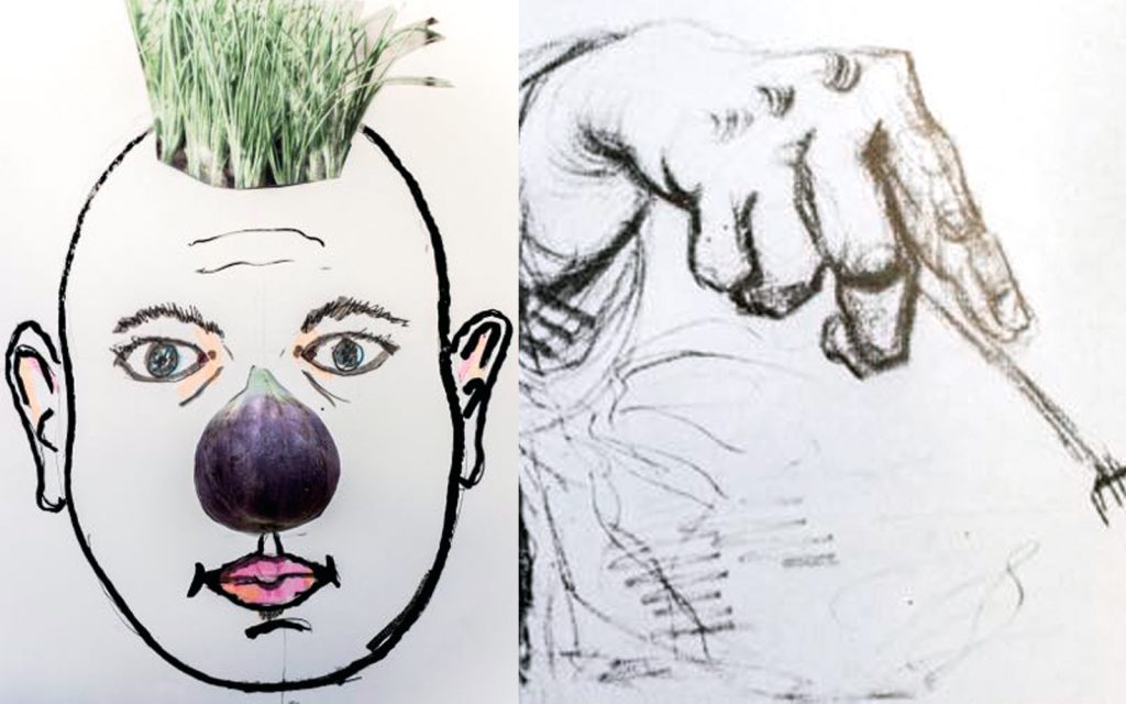 A surreal artwork with a face drawn on the left, featuring a leafy plant as hair and a purple onion as a nose. On the right, a sketch of a hand holds a small fork.