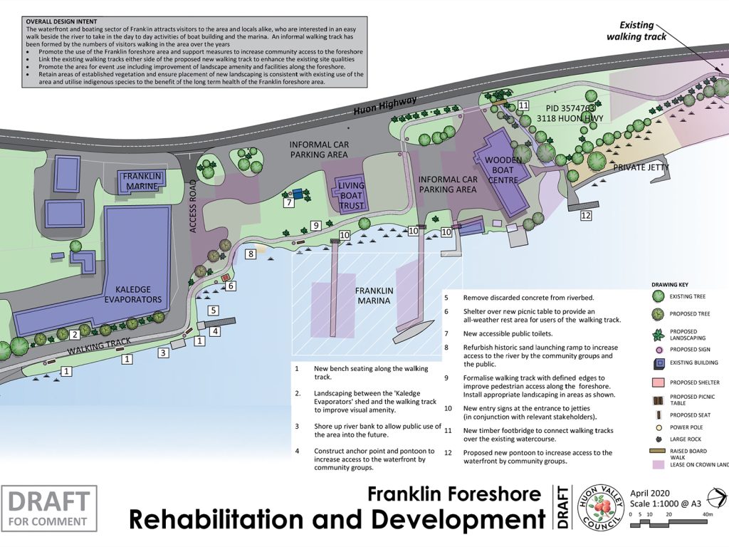 Draft map showing the Franklin Foreshore Rehabilitation and Development plan. Features include parking areas, walking tracks, a marina, and proposed facilities. Includes a legend with symbols for existing and new elements. Dated April 2020.