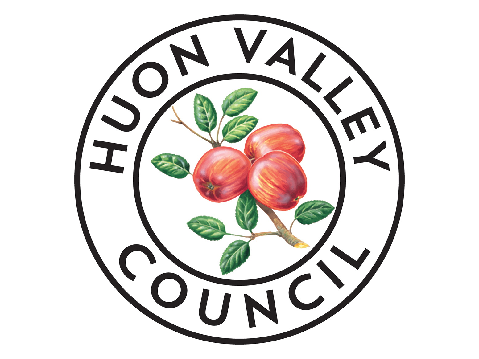 Logo of the Huon Valley Council. It features three red apples with green leaves in the center. The words Huon Valley Council encircle the apples in a black, bold font.