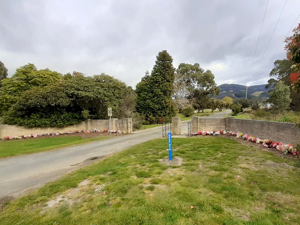 A forked pathway surrounded by grass and colorful flowers. Dense trees line both sides of the paths, and a cloudy sky looms overhead. A blue post stands in the foreground, and distant hills are visible in the background.