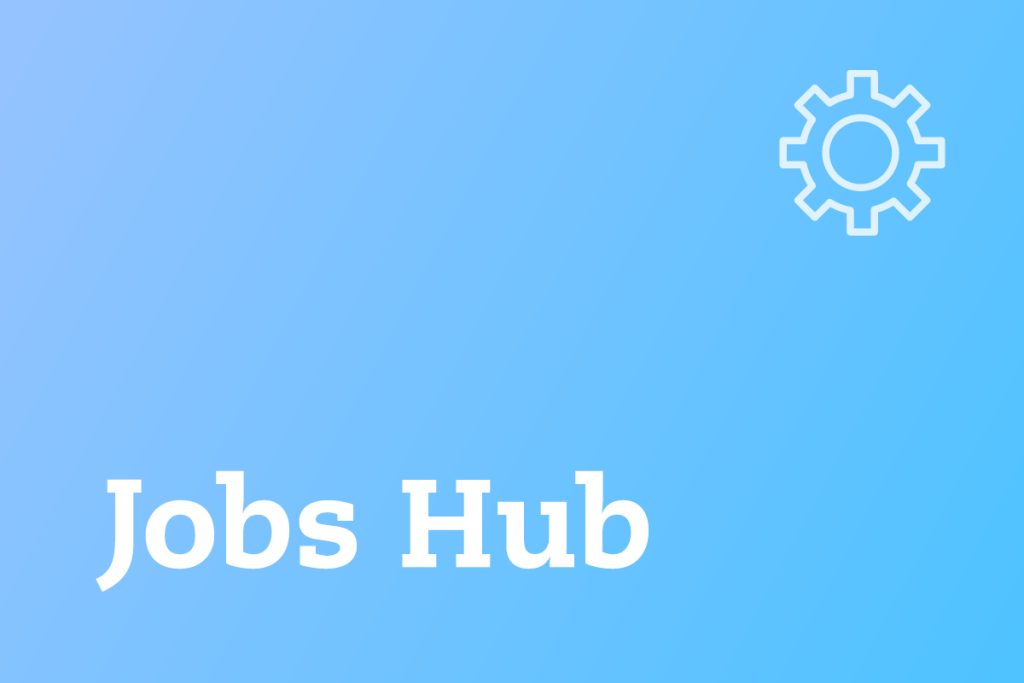 Blue gradient background with the words Jobs Hub in bold white text on the lower left. A white gear icon is on the upper right.
