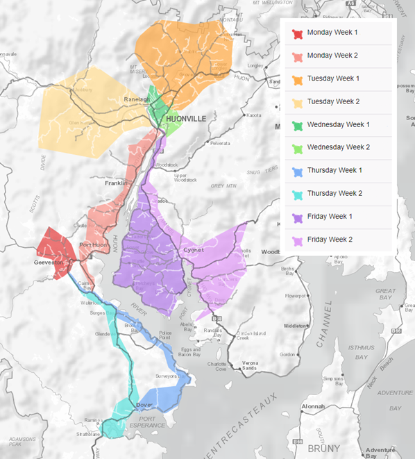 Map with areas color-coded by day and week, showing routes in Huonville and surrounding regions. Legend indicates different colors for each weekday over two weeks, with areas labeled in English, including places like Geeveston and Port Esperance.