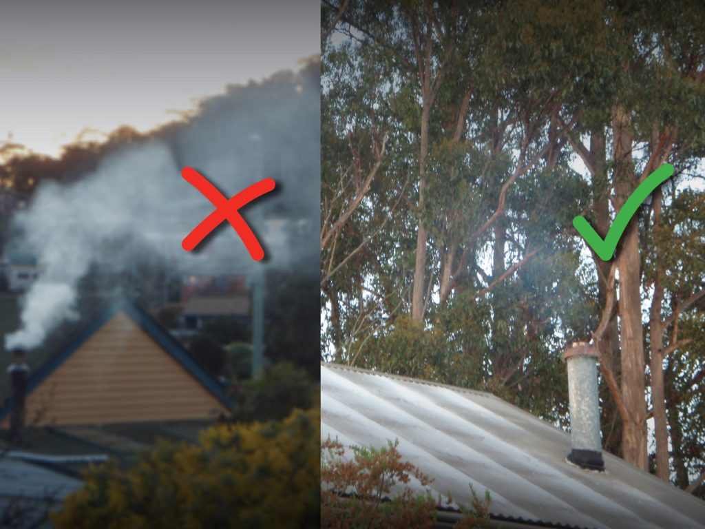 Split image showing two chimneys: Left has a red X with thick smoke coming out; right has a green √ with minimal smoke. Background includes trees and a roof.