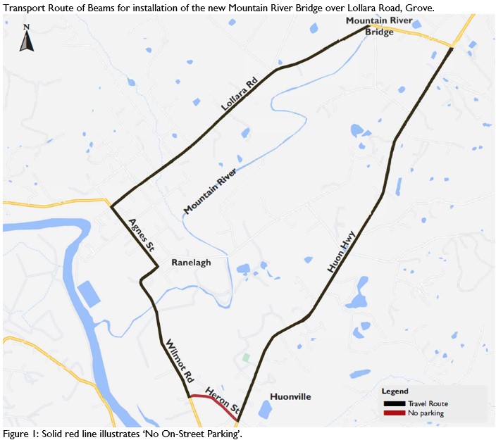 Map illustrating the transport route for installing the Mountain River Bridge over Lollara Road in Grove. The route begins at Huon Highway, follows Wilmot Road, Heron Street, Angs Street, and Lollara Road. Red line indicates no on-street parking.