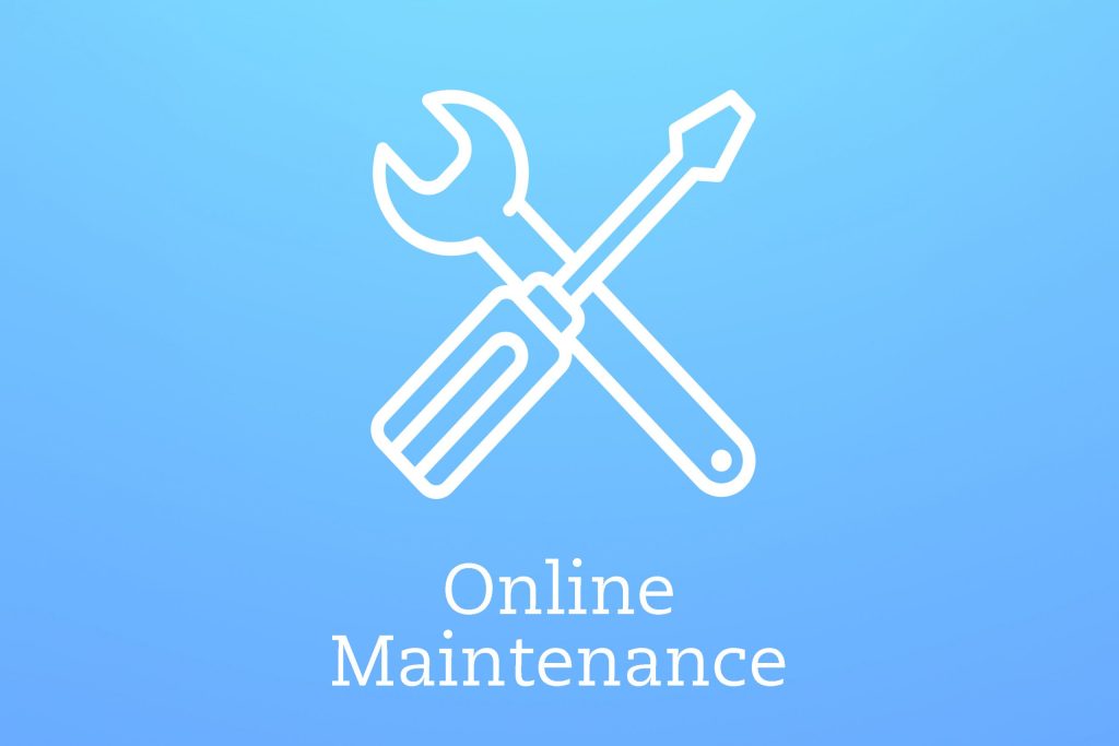Illustration of a white wrench and screwdriver crossed over a blue gradient background. Below the tools, the text Online Maintenance is written in white.