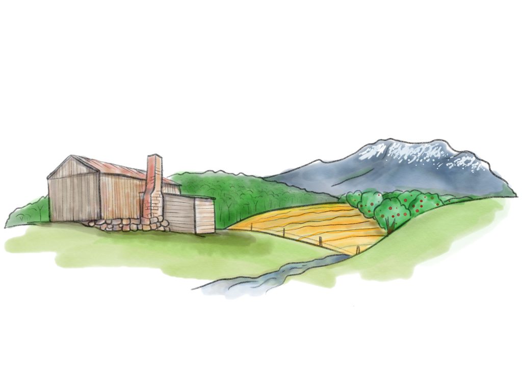 A hand-drawn illustration of a rustic cabin with a chimney, surrounded by green fields and trees. A winding path leads to a mountain range in the background, capped with snow. The scene evokes a peaceful, rural landscape.