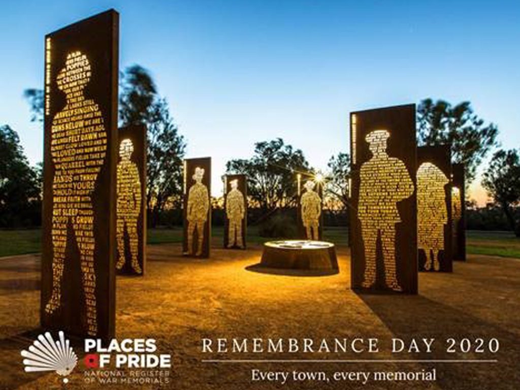 Silhouetted soldier figures on tall panels are illuminated with inscriptions, surrounding a central monument. The text reads PLACES OF PRIDE: National Register of War Memorials and REMEMBRANCE DAY 2020: Every town, every memorial.