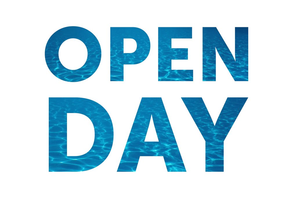 The image features the words OPEN DAY in bold, uppercase letters filled with a pattern of clear, rippling blue water, resembling a swimming pool. The background is white.