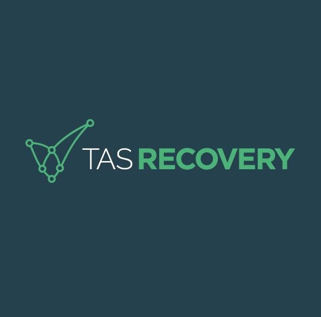 Logo on a dark background, featuring a green abstract design resembling checkmarks or interconnected dots. The text TAS RECOVERY is displayed, with TAS in white and RECOVERY in green.
