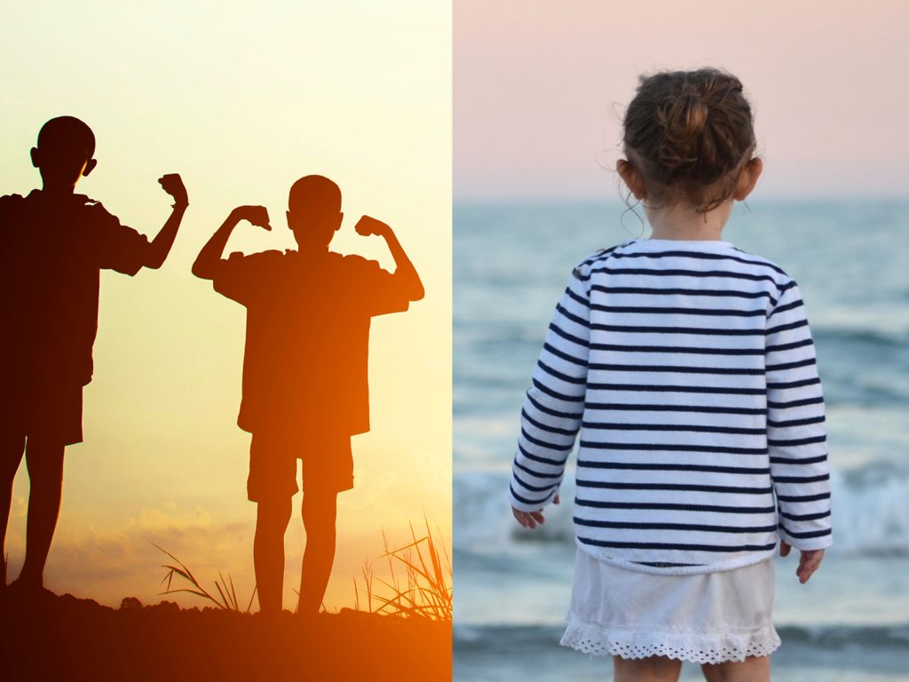 A split image showing two scenes. On the left, silhouettes of two children flexing arms at sunset. On the right, a child in a striped shirt and white skirt stands by the ocean, facing the water under a soft, evening sky.