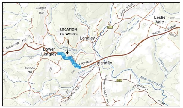 Map showing the location of roadworks between Lower Longley and Sandfly. The area of work is highlighted in blue along a section of a road running parallel to the Quinzeh Creek. Surrounding areas include Leslie Vale and Longley.