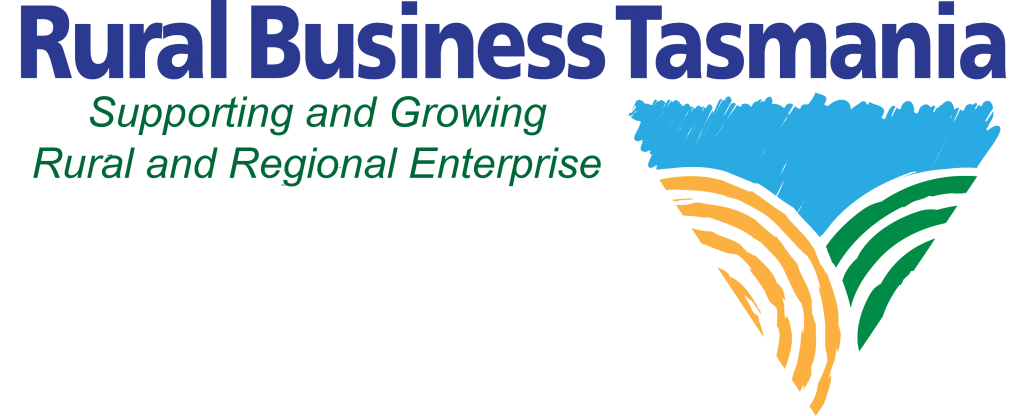 Logo for Rural Business Tasmania featuring a stylized landscape with blue sky, green hills, and brown fields. Text reads: Rural Business Tasmania - Supporting and Growing Rural and Regional Enterprise.