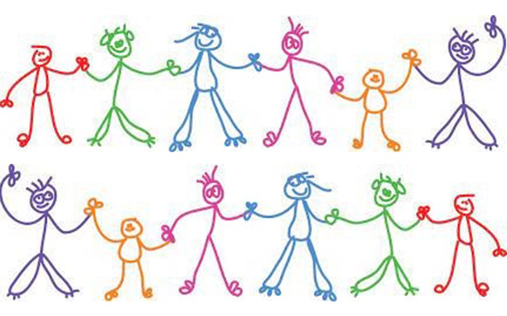 Colorful stick figures holding hands in a playful and cheerful arrangement. The figures vary in height and color, including red, green, blue, pink, orange, and purple.