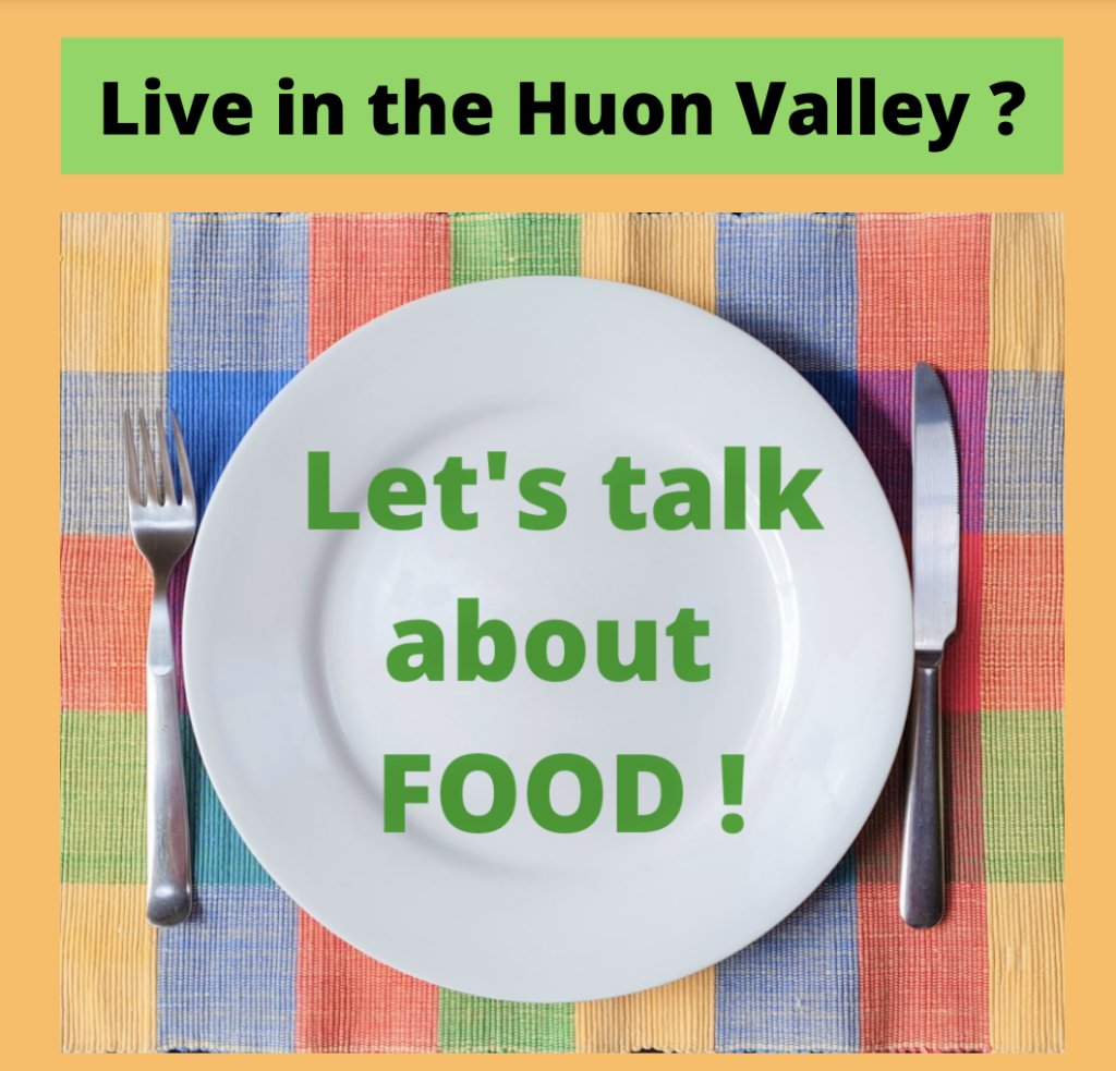 A poster with a colorful woven placemat and white plate. Text on the placemat reads, Live in the Huon Valley ? and on the plate, Lets talk about FOOD ! A fork and knife are placed next to the plate.