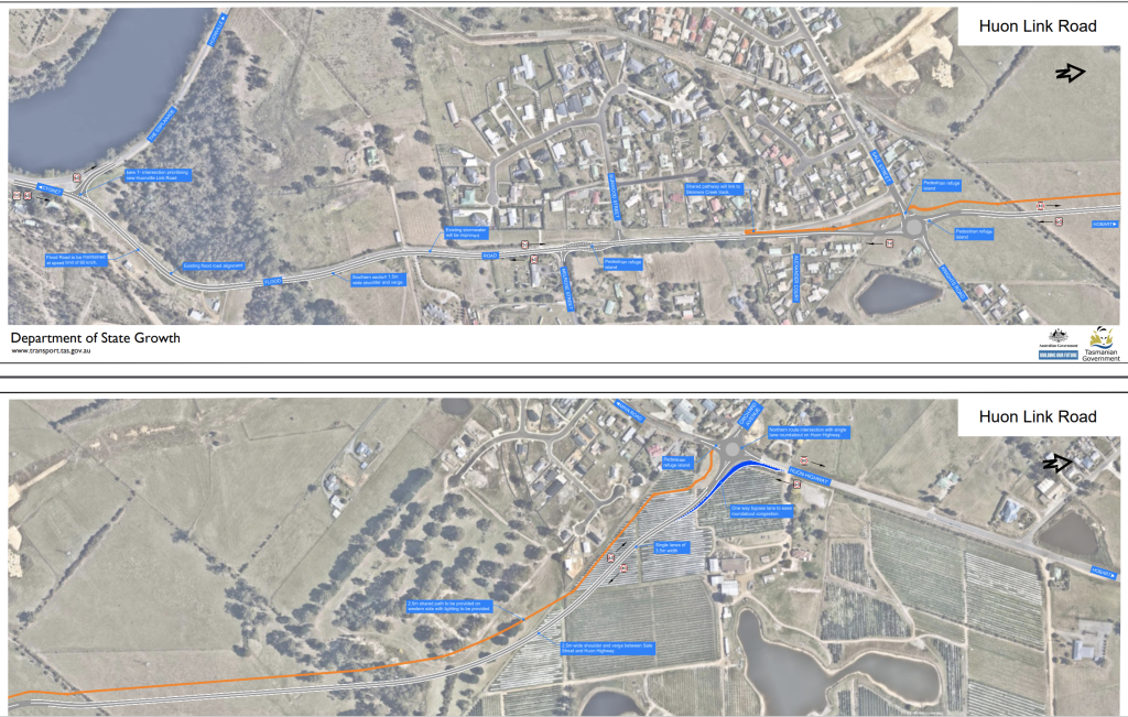 Aerial maps showing the route of Huon Link Road. The maps detail surrounding roads, residential areas, and bodies of water. Blue and orange lines highlight specific routes. Suitable for route planning and infrastructure reference.