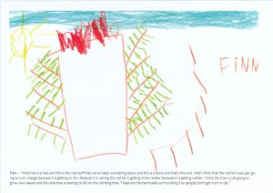 Childs drawing featuring a tree with red, green, and blue colors. A sun is in the top left corner. The words Finn and handwritten text are visible. The drawing includes abstract shapes and lines, resembling foliage and a fence.