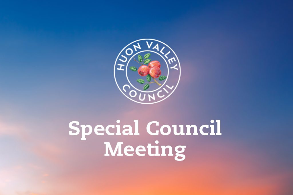 Logo of Huon Valley Council with apples, above text reading Special Council Meeting on a gradient sky background transitioning from orange to blue.