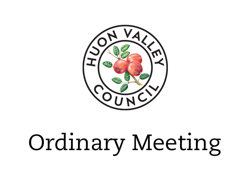 Logo of Huon Valley Council featuring apples and leaves, surrounded by circular text. Below, the words Ordinary Meeting are written in a simple font.